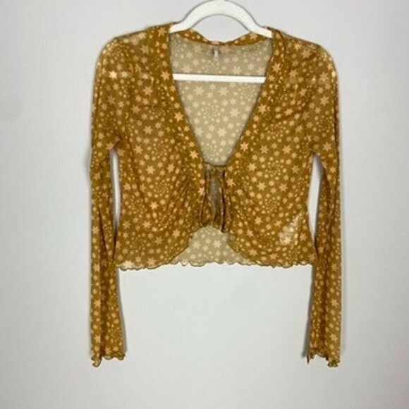 Free People Marne Tie Front Mesh Top Star Print Sheer Gold Orange Long Sleeves - Picture 3 of 8